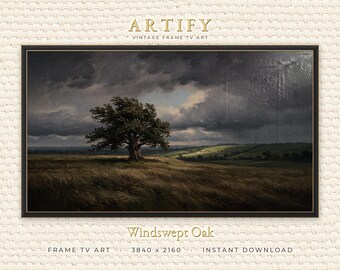 Windswept Oak Tree Frame TV Art, Vintage Oil Painting of a Lone Tree in the Wind, Moody Lake House Decor, Samsung Frame TV Digital Download
