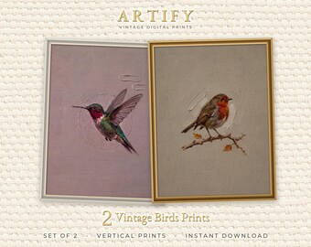 Autumn Robin Print, Hummingbird Set of 2 Wall Art, Gold Leaf Branch Decor, Vintage Cottagecore Kitchen Art, Vertical Digital Download