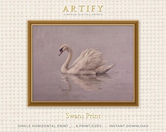 White Swan Wall Art, Mute Swan on Water Oil Painting, Modern Farmhouse Dining Room Decor, Calm Bird Art, Horizontal Digital Download