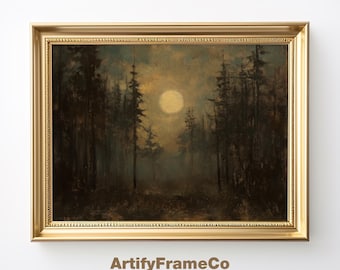 Moonlit Forest Print, Moody Woodland Wall Art, Dark Cottage Decor, Digital Download