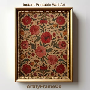 May include: Framed wall art featuring a floral pattern with red flowers and green leaves on a beige background. The gold frame has a beaded edge. The text "Instant Printable Wall Art" is at the top, and "ArtifyFrameCo" is at the bottom.