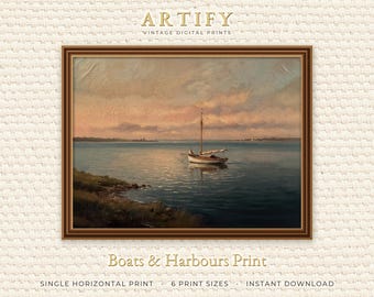 Sailboat Wall Art, Vintage Sunset Seascape Painting, Coastal Living Room Decor, Soft Blush and Teal, Horizontal Digital Download