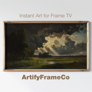 May include: A framed painting of a landscape with a dramatic sky. The sky is filled with dark clouds and rays of sunlight. The landscape is a green field with a river running through it. The painting is in a gold frame.