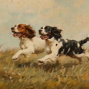 May include: A painting of two Springer Spaniel dogs running through tall grass. The dog on the left is brown and white, while the dog on the right is black and white. Both dogs have their tongues out and are looking ahead.