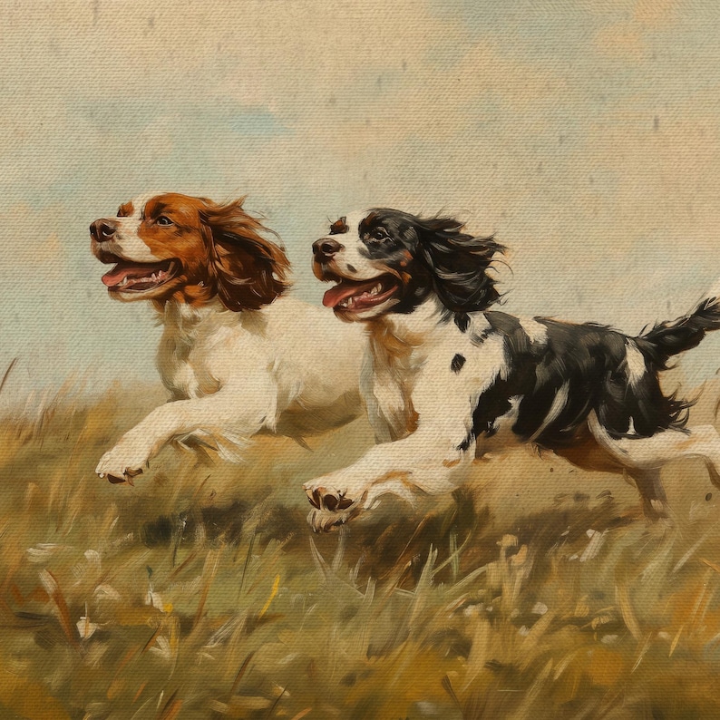 May include: A painting of two Springer Spaniel dogs running through tall grass. The dog on the left is brown and white, while the dog on the right is black and white. Both dogs have their tongues out and are looking ahead.