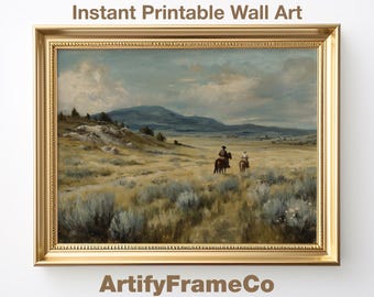 May include: A framed landscape painting featuring two figures on horseback traversing a grassy plain under a cloudy sky. The artwork is in a gold-colored ornate frame. Text at the top reads "Instant Printable Wall Art" and "ArtifyFrameCo" at the bottom.