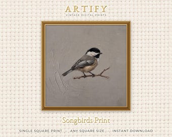 Black Capped Chickadee Bird Print, Songbird Twig Study on Grey Linen, Entryway Wall Decor, Soft Muted Neutrals, Square Digital Download