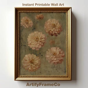 Garden Flowers Print, Vintage Floral Wall Art, Zinnias Oil Painting Print, Pastel Cottage Decor, Digital Download, Wall Decor Canvas | WH54