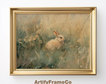 Meadow Rabbit Print, Vintage Printable Wall Art, Rustic Bunny Animal Oil Painting, Country Cottagecore Wall Decor, Digital Download |WH19
