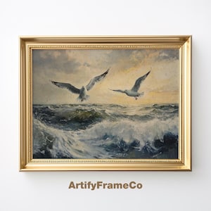Flying Seagulls Painting, Rough Sea DIGITAL Art, PRINTABLE Ocean Waves Wall Art, Vintage Sea Print, Seascape Digital Download Print | WH089