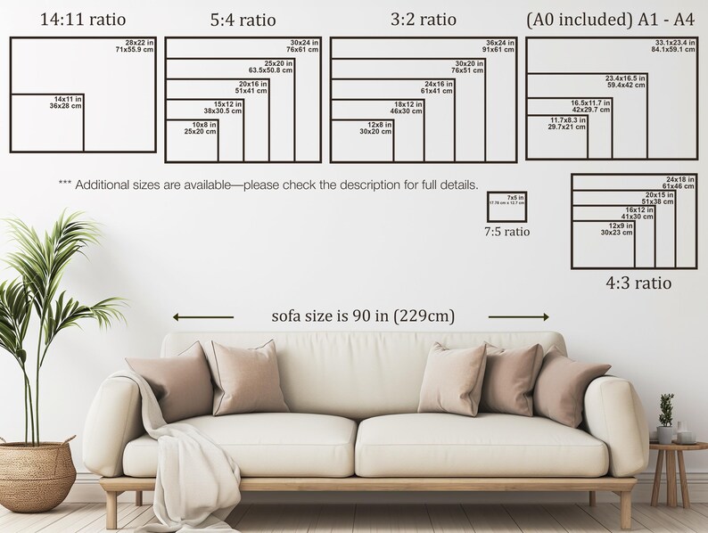 May include: A diagram showing different aspect ratios for prints, including 14:11, 5:4, 3:2, 7:5, and 4:3. The diagram includes measurements in inches and centimeters. The text "sofa size is 90 in (229cm)" is also included.