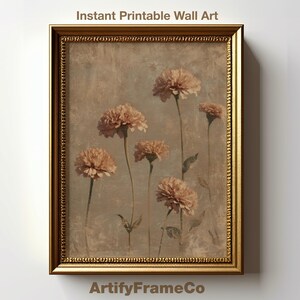 Neutral Flowers Print, Vintage Botanical Wall Art, Coral Zinnias Painting Print, Rustic Decor, Digital Download, Canvas Wall Decor | WH55