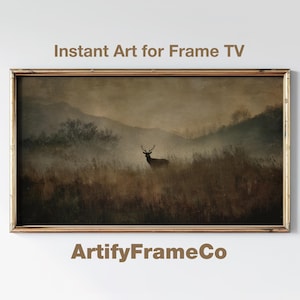 May include: A framed landscape print featuring a deer in a misty field. The artwork has a vintage aesthetic with a brown and sepia color palette. The text "Instant Art for Frame TV" and "ArtifyFrameCo" are displayed on the image.