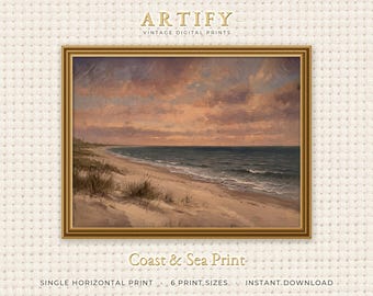 Sunset Beach Wall Art, Vintage Sandpiper Dune Grass Painting, Living Room Decor, Teal Peach Coastal Wall Art, Horizontal Digital Download