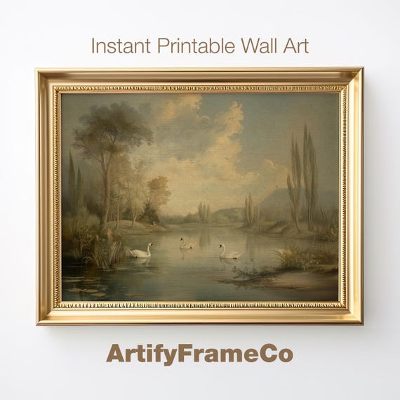 Swan Lake Landscape Print, Vintage Pastoral Wall Art, Neutral Nature Decor, Digital Download
