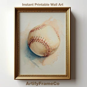 Watercolor Baseball Sports Print, Sports Wall Art Print, Red Stitch Baseball Digital Download, Printable Wall Art, Game Room Decor | WV53