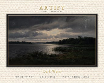 Dark Water Lake in a Storm Frame TV Art, Moody Vintage Oil Painting Lakeside Landscape, Lake House Decor, Samsung Frame TV Digital Download
