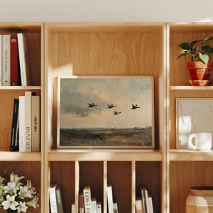 K&ouml;nnte beinhalten: Ein gerahmtes Landschaftsbild mit einer Formation von G&auml;nsen, die &uuml;ber einem Feld fliegen. Das Bild ist in einem Holzrahmen gefasst und h&auml;ngt in einem Raum mit Holzregalen und B&uuml;chern.