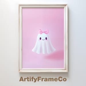 Cute Ghost with Pink Bow Printable Wall Art, Trendy Halloween Decor, Coquette Aesthetic, Girly Ghost Painting, Digital Download, Wall Decor