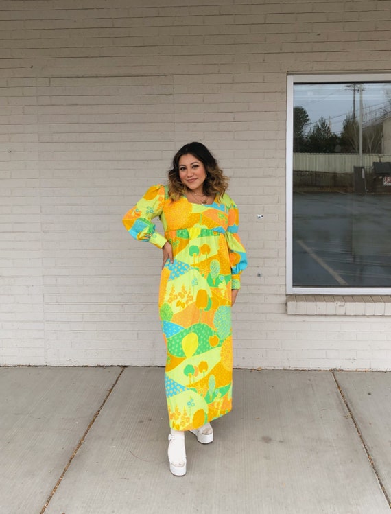 Vintage Square Neck Puff Sleeve Rainbow Dress