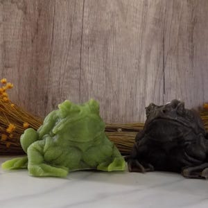 May include: Two frog-shaped candles. One is a light green color, and the other is dark gray. The candles are sitting on a white surface in front of a wooden background. Dried yellow flowers are in the background.