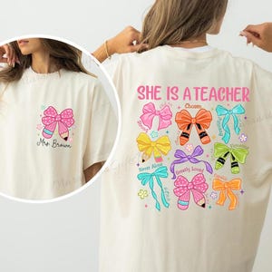 Coquette Christian Teacher Shirt She Is a Teacher Bow Tee Custom Name Gift for Teachers Faith Based School Tee Back to School Bible Teaching