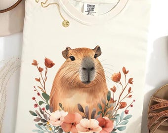 Comfort Colors® Floral Capybara Shirt Capybara Vintage Graphic Tee Retro Capybara Lovers Funny Capybara Oversized Washed Shirt Capybara Gift