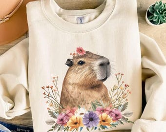 Floral Capybara Sweatshirt Cute Boho Wildflower Animal Sweater Capybara Gift for Women Nature Animal Lover Crewneck Shirt Nature Lover Gift
