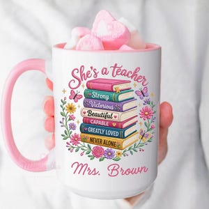Personalized Teacher Mug, Book Stack Teacher Coffee Cup, Custom Teacher Name Gift, Christmas Gift For Teacher Appreciation