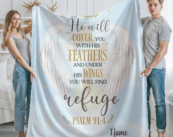 Christian Bible Verse Blanket, Psalm 91:4 Personalized Throw Blanket, Scripture Blanket Religious Gift, Christian Home Decor, Faith Gift Mom