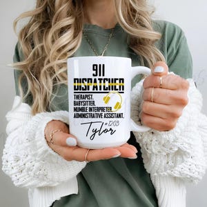 Funny 911 Dispatcher Mug, 911 Operator Gift, Emergency Call Center Cup, Custom Name and Number Thin Gold Line, Personalized Dispatchers Mug