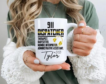 Funny 911 Dispatcher Mug, 911 Operator Gift, Emergency Call Center Cup, Custom Name and Number Thin Gold Line, Personalized Dispatchers Mug