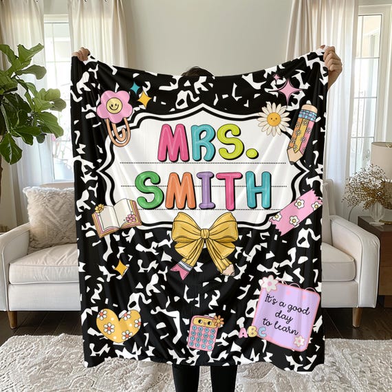 Custom Teacher Blanket with Name Cute Notebook Design Throw Blanket Teacher Appreciation Back to School End of Year Retired New Teacher Gift
