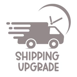 May include: A grey graphic featuring a delivery van with speed lines, a clock, and the text "SHIPPING UPGRADE" in a rounded font. The image is set against a white backdrop.