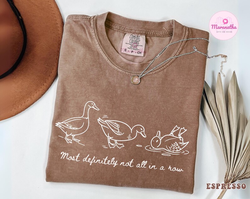 May include: Espresso-colored t-shirt with a white graphic of three ducks in different poses, with the text "Most definitely not all in a row." A silver necklace with a pendant rests on the shirt. A brown hat is visible in the upper left corner.