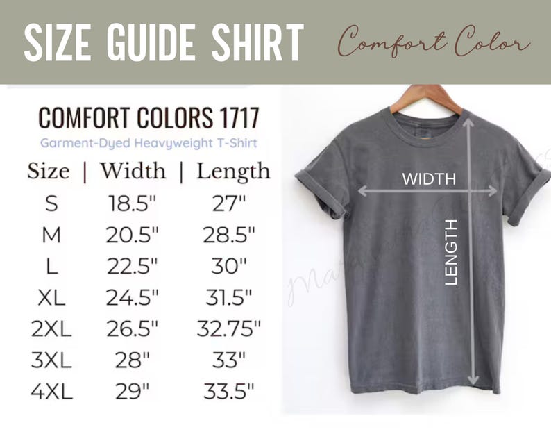 K&ouml;nnte beinhalten: Ein graues Comfort Colors 1717 Heavyweight T-Shirt h&auml;ngt an einem Holzb&uuml;gel. Das Bild enth&auml;lt eine Gr&ouml;&szlig;entabelle mit Ma&szlig;en in cm f&uuml;r Breite und L&auml;nge, von Gr&ouml;&szlig;e S bis 4XL.