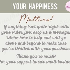K&ouml;nnte beinhalten: Grafik mit dem Text "YOUR HAPPINESS Matters!" und zus&auml;tzlichem Text &uuml;ber Kundenservice und Wertsch&auml;tzung f&uuml;r die Unterst&uuml;tzung kleiner Unternehmen. Ein rosa Logo befindet sich in der oberen rechten Ecke.