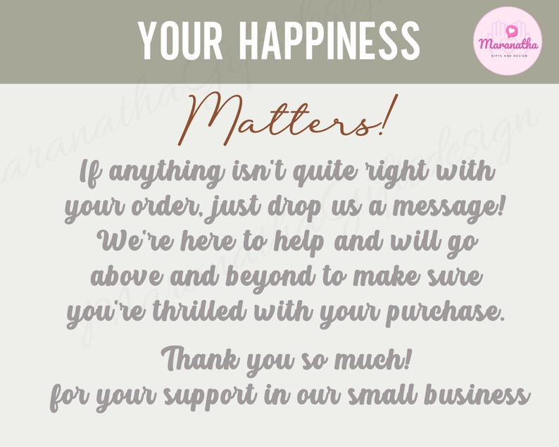 K&ouml;nnte beinhalten: Grafik mit dem Text "YOUR HAPPINESS Matters!" und zus&auml;tzlichem Text &uuml;ber Kundenservice und Wertsch&auml;tzung f&uuml;r die Unterst&uuml;tzung kleiner Unternehmen. Ein rosa Logo befindet sich in der oberen rechten Ecke.