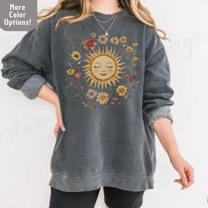Sunflower Sun Sweatshirt, Vintage Boho Aesthetic, Celestial Sun and Moon Crewneck, Cottagecore Oversized Sweatshirt, Hippie Cozy Fall Outfit