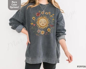 Sunflower Sun Sweatshirt, Vintage Boho Aesthetic, Celestial Sun and Moon Crewneck, Cottagecore Oversized Sweatshirt, Hippie Cozy Fall Outfit