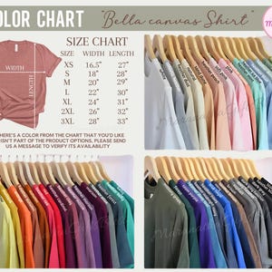 K&ouml;nnte beinhalten: Farbkarte f&uuml;r Bella Canvas-Shirts mit einer Gr&ouml;&szlig;entabelle mit Ma&szlig;en in Zoll. Das Bild zeigt eine Vielzahl von Shirtfarben, darunter meliert, rosa, blau und gr&uuml;n, sowie eine Reihe von Gr&ouml;&szlig;en von XS bis 3XL.