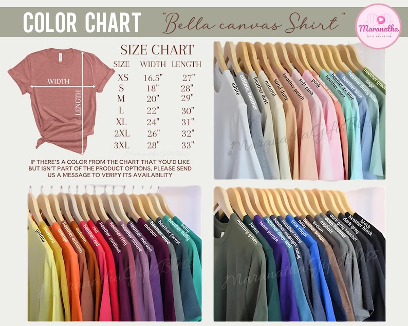 K&ouml;nnte beinhalten: Farbkarte f&uuml;r Bella Canvas-Shirts mit einer Gr&ouml;&szlig;entabelle mit Ma&szlig;en in Zoll. Das Bild zeigt eine Vielzahl von Shirtfarben, darunter meliert, rosa, blau und gr&uuml;n, sowie eine Reihe von Gr&ouml;&szlig;en von XS bis 3XL.