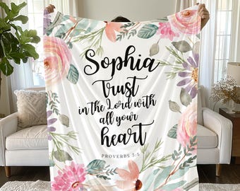 Floral Christian Blanket, Custom Bible Verse Blanket Name, Trust in the Lord, Scripture Blanket, Religious Gift, Faith Throw Blanket Church