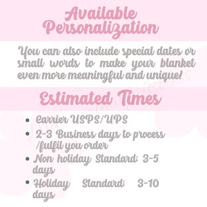 May include: A pink and white graphic with text about personalization and estimated processing times. The text includes information about adding special dates or words to a blanket. It also lists processing times for non-holiday and holiday orders.