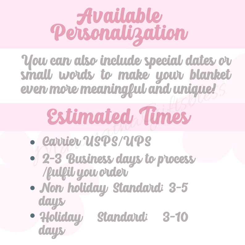 May include: A pink and white graphic with text about personalization and estimated processing times. The text includes information about adding special dates or words to a blanket. It also lists processing times for non-holiday and holiday orders.