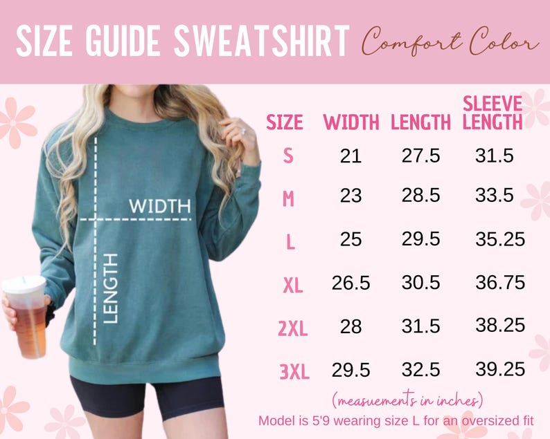 Puede incluir: Tabla de tallas para una sudadera con medidas en pulgadas para el ancho, la longitud y la longitud de la manga. La tabla muestra las tallas S a 3XL. La modelo lleva la talla L.