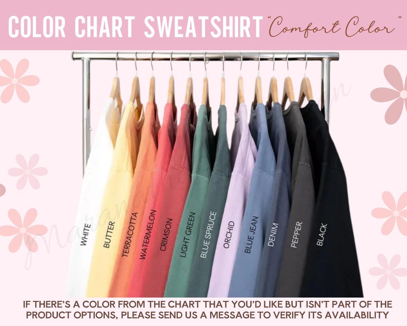 Puede incluir: Carta de colores para sudaderas que muestra 11 colores diferentes: blanco, mantequilla, terracota, sand&iacute;a, carmes&iacute;, verde claro, abeto azul, orqu&iacute;dea, mezclilla azul, mezclilla, pimienta y negro.