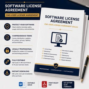 ソフトウェア使用許諾契約書テンプレート | エンドユーザーライセンス | ソフトウェア利用規約 | 編集可能なDOCX PDF
