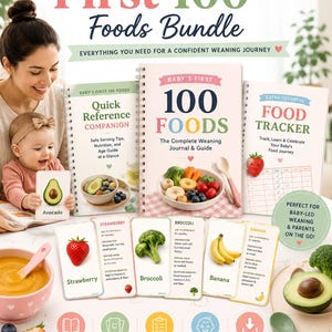 Puede incluir: Un paquete Baby's First 100 Foods que incluye un diario de espiral, una guía de referencia rápida, un rastreador de alimentos y 60 tarjetas didácticas imprimibles. El set contiene guías de destete, registros de comida e ilustraciones.