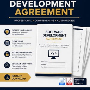 Pode incluir: Um modelo de contrato de desenvolvimento de software com capa branca, texto em azul escuro e dourado, ícone de monitor com colchetes de código e campos para data, desenvolvedor e comprador. Inclui ícones de formatos DOCX e PDF.